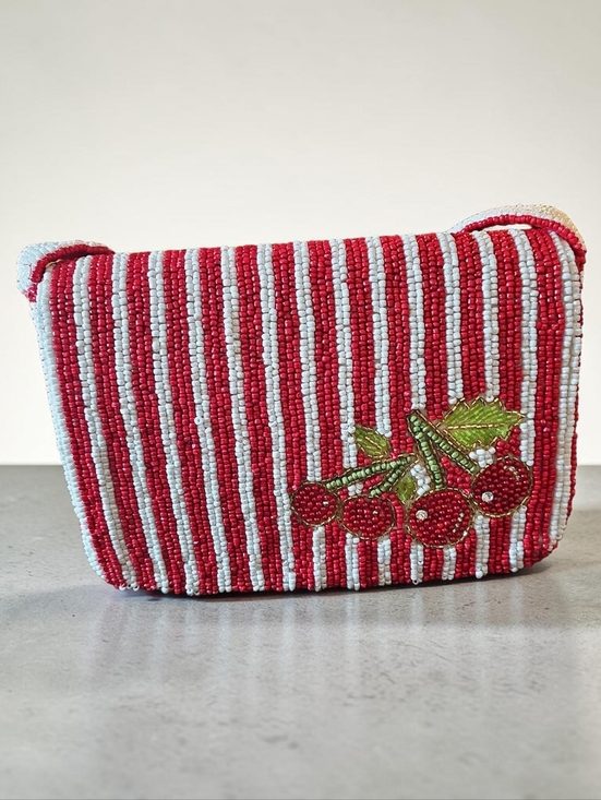 studio 12 Handbags - NWT STUDIO TAG SM. Red & White Striped Beaded Cherry SHOULDER BAG.